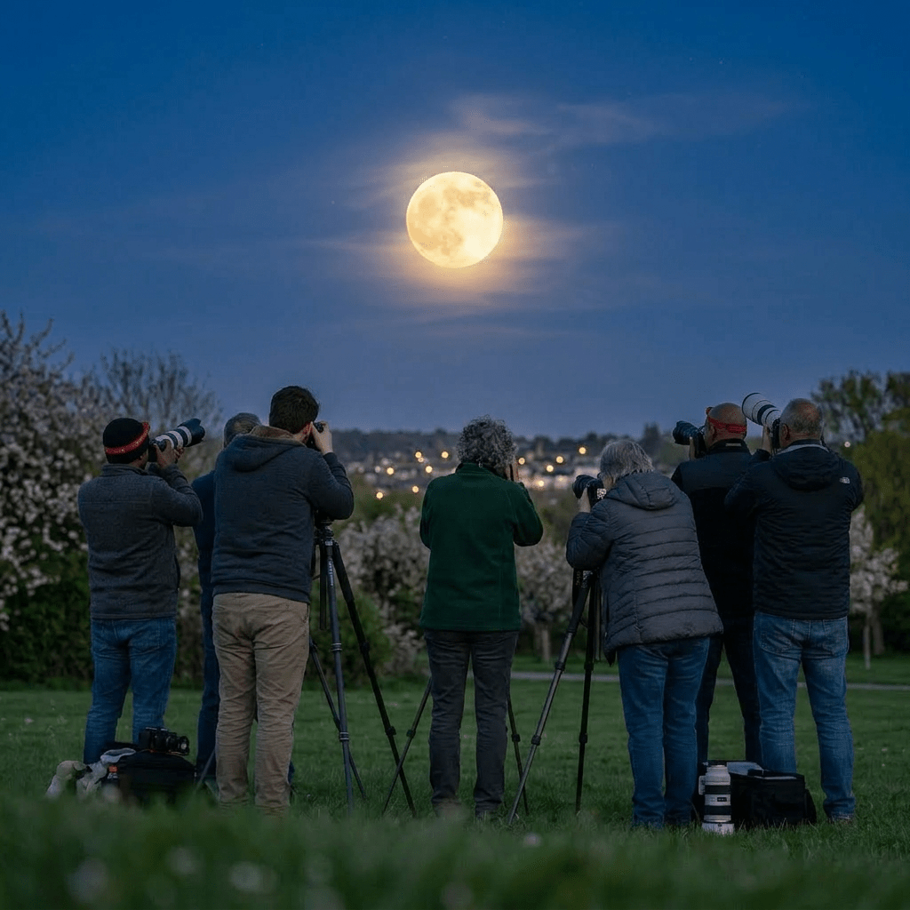 Seven photographers with tripods and cameras photographing a full moon at twilight